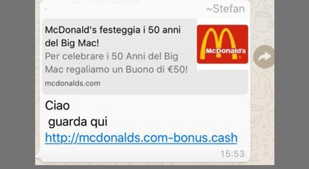 Whatsapp, occhio al finto coupon McDonald's: se cliccate, dati personali a rischio
