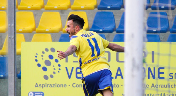 Samuele Neglia la scorsa stagione dopo un gol segnato con la Fermana
