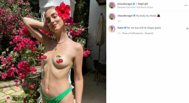 Chiara Ferragni in topless su Instagram: due ciliegie a coprire il seno. E Fedez risponde così