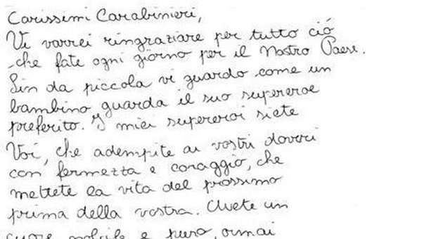 Bimba lascia lettera ai carabinieri: «Siete i miei supereroi»
