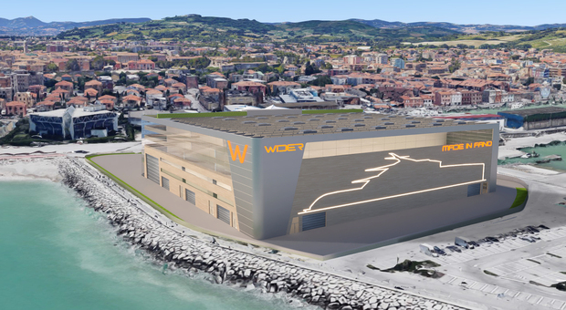 Il rendering dell'impattante cantiere navale della società Wider al porto di Fano che sarà abbassato di 10 metri
