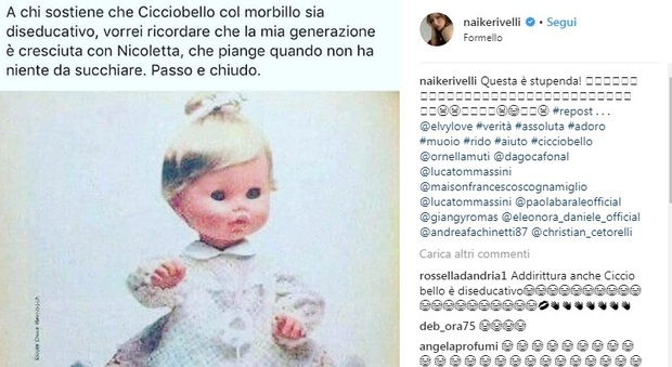 Cicciobello Morbillino, Naike Rivelli provoca: «Noi cresciuti con la bambola che piange se non ha niente da succhiare»