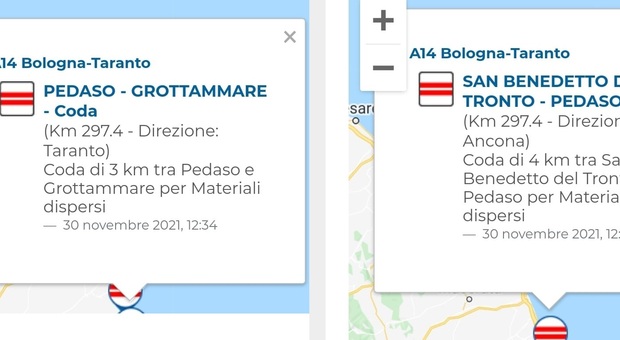 Le segnalazioni di Autostrade per l'Italia con le code sulla A14 tra Pedaso e Grottammare