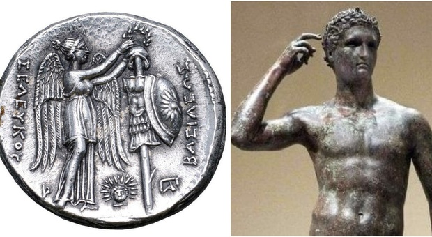 A sinistra il profilo del Lisippo e a destra il tetradramma d argento di Seleuco I Nikatore