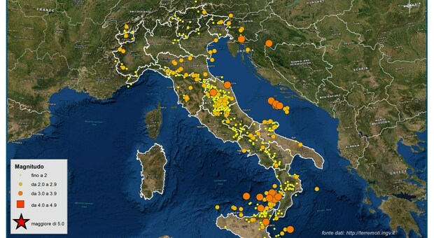 La mappa dei terremoti redatta e diffusa dall'Ingv