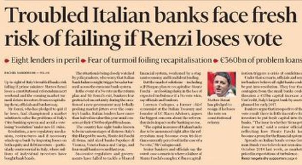 Referendum, il Financial Times: se vince il no otto banche a rischio fallimento