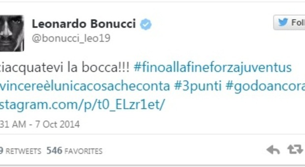 Bonucci attacca su Twitter: "Godo ancora e sciacquatevi la bocca!!!"
