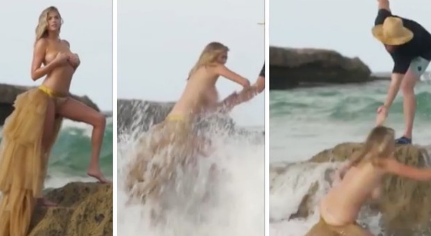 Kate Upton nuda sugli scogli: travolta da un'onda. "Tutti spaventati", il video su Instagram