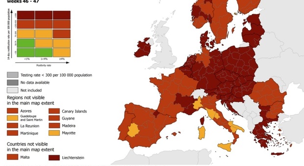 Ecdc: tutta Ue zona rossa, solo in Italia e Spagna aree in giallo. Ecco in che fascia di colore stanno le Marche, l'elenco delle Regioni