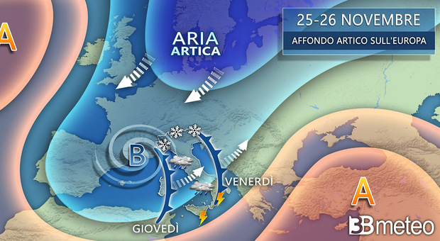 Il grafico con le previsioni del tempo di 3bmeteo.com. Arriva l'inverno, da giovedì maltempo e neve anche a quote basse. Ecco dove e quando