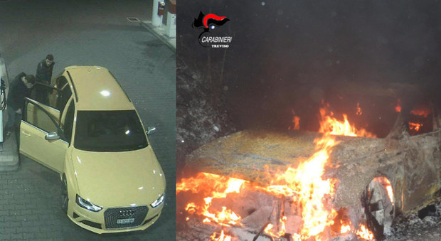L'Audi gialla dei banditi che hanno seminato il panico in Veneto prima di bruciare l'auto